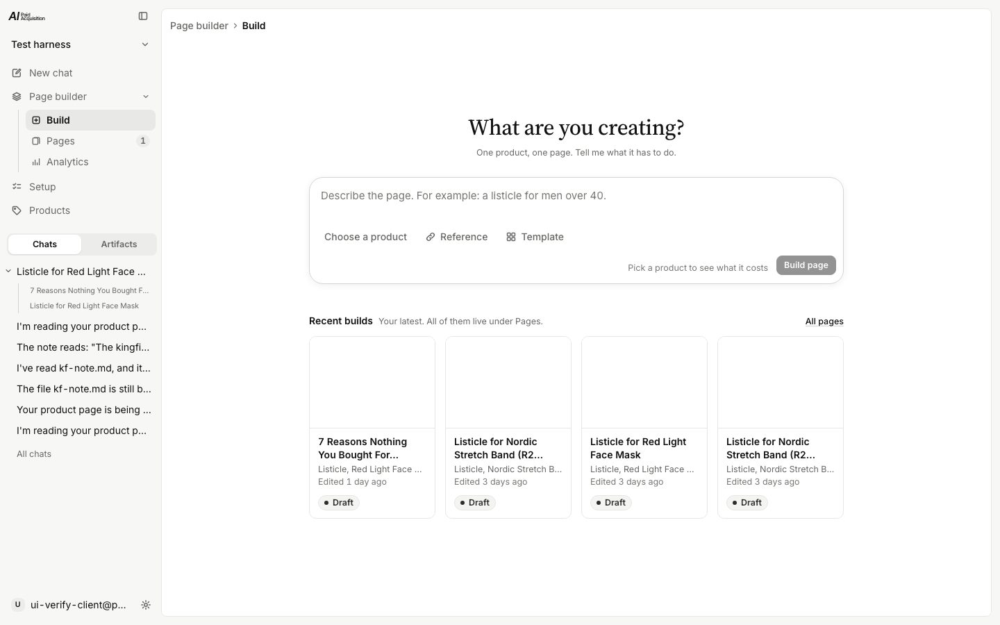 The Page builder on the Build tab: one question, one box, the four entries, and the foot that says what the press costs.