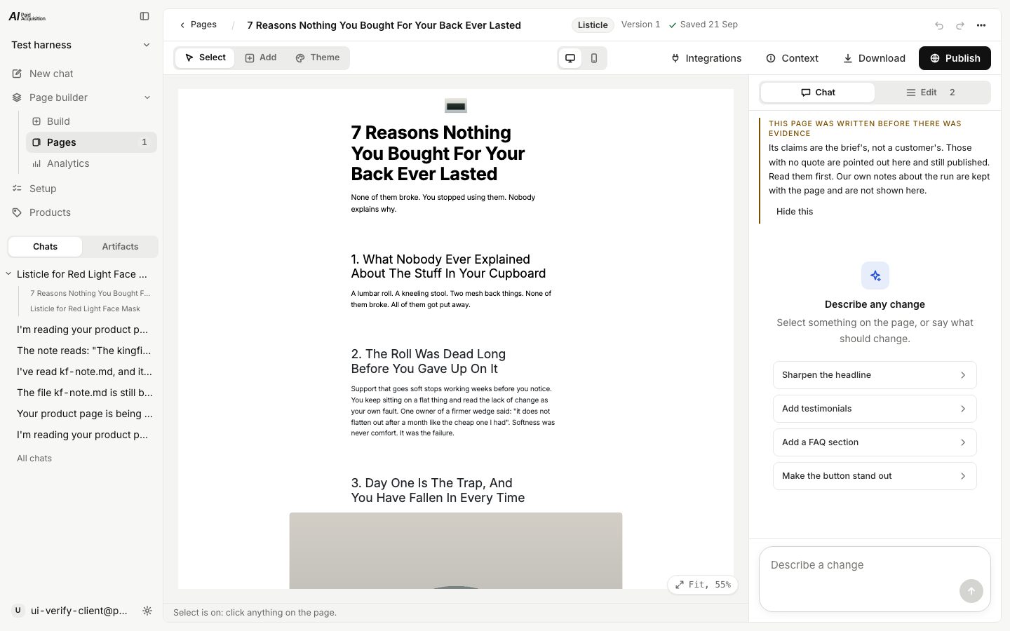 The editor: the page on the left, the panel on the right, and the head bar with Select, Add and Theme.